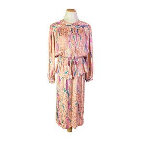 Vintage 1980s Malcolm Starr Size 12 Silk Blouse Skirt Set Pink